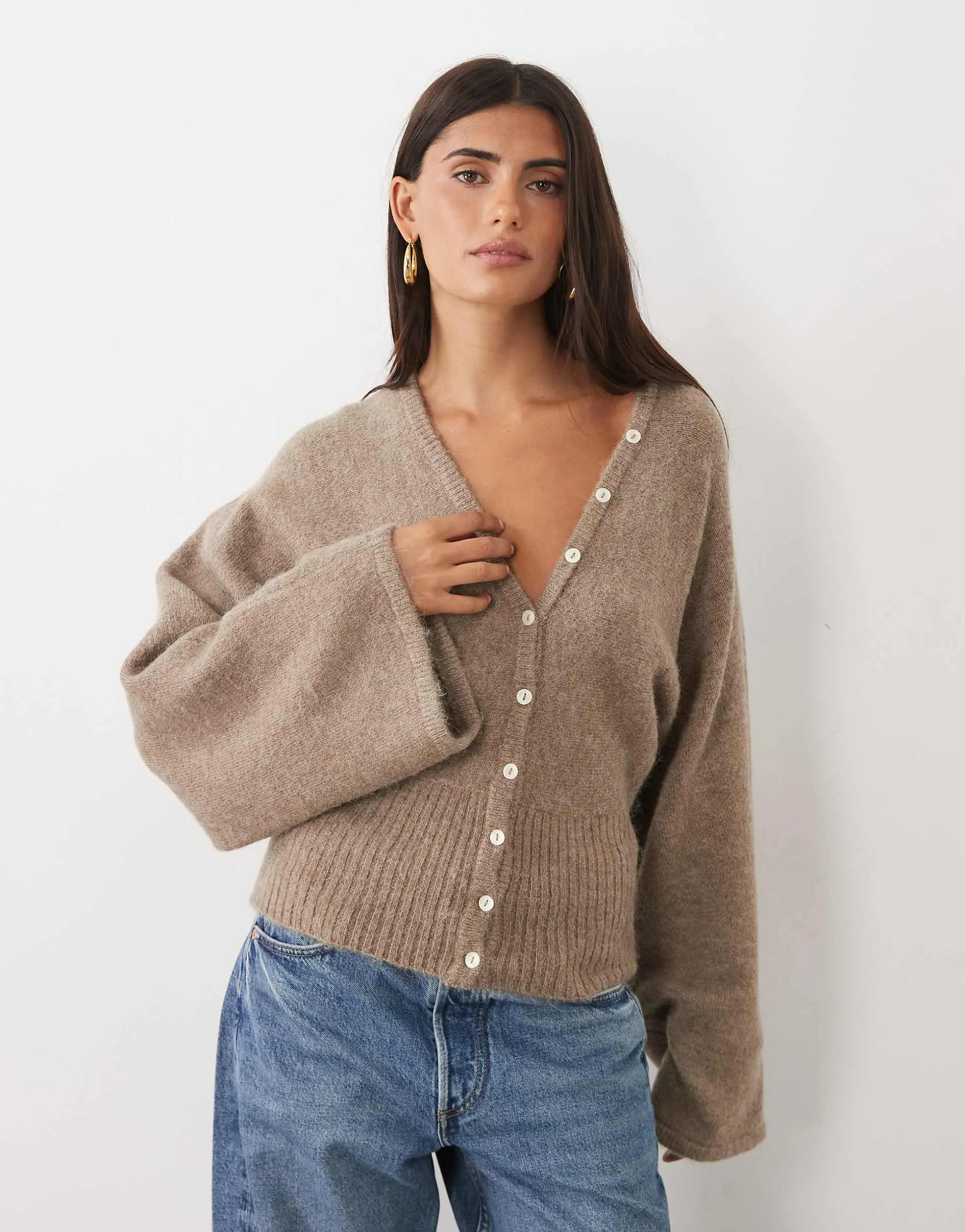 Gina Tricot alpaca sculpted fitted waist knitted cardigan with wool in brown