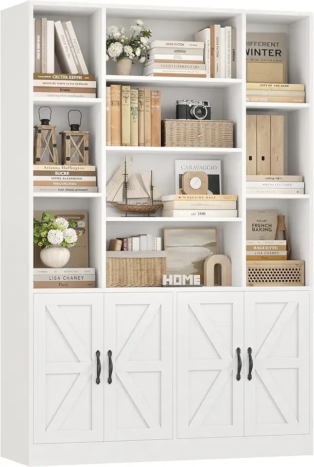 75” Tall Book Shelf and Bookcase, White Bookshelf with Storage Cabinet, 47” Wide Bookcase with 4 doors, Standing Display Shelves, Modern Farmhouse Book Case for Living Room, Home Office, White