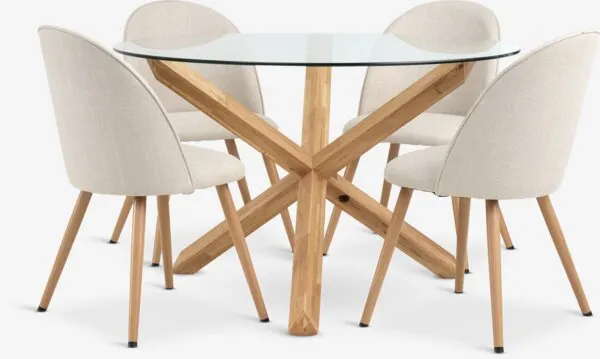 AGERBY Ø119 tafel naturel eik + 4 THORUP stoelen beige/n.eik