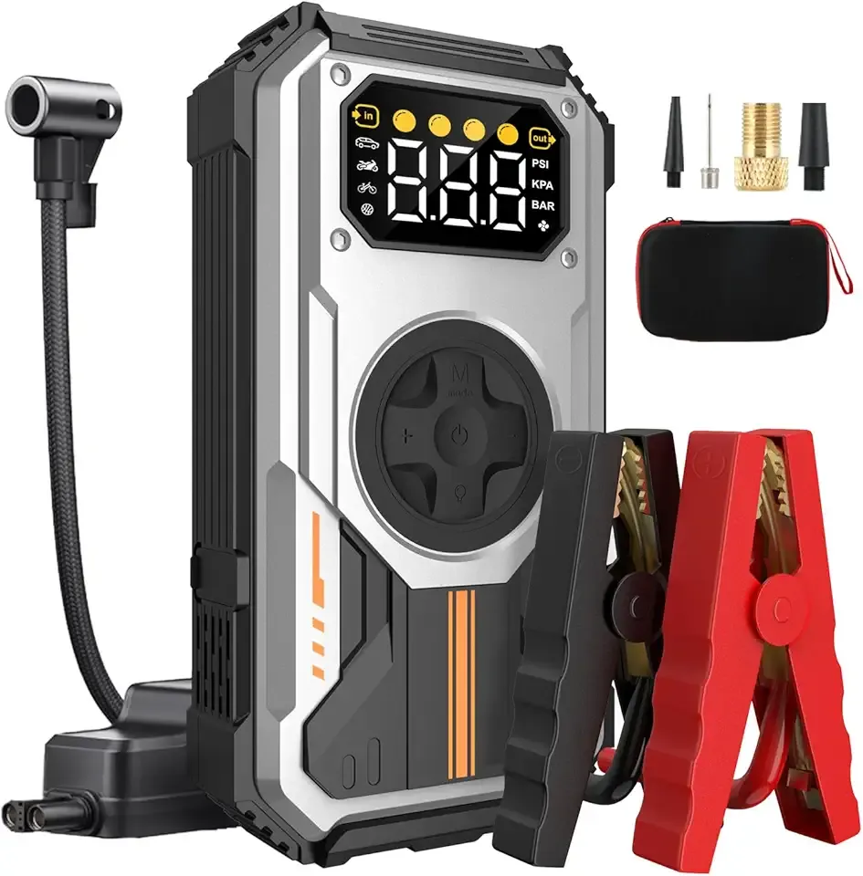 PD-270 6000A Jump Starter with Air Compressor, 150 PSI Portable 12V Car Battery Booster (Up to 7.5L Gas/6.5L Diesel), LCD Display, LED Light & Power Bank