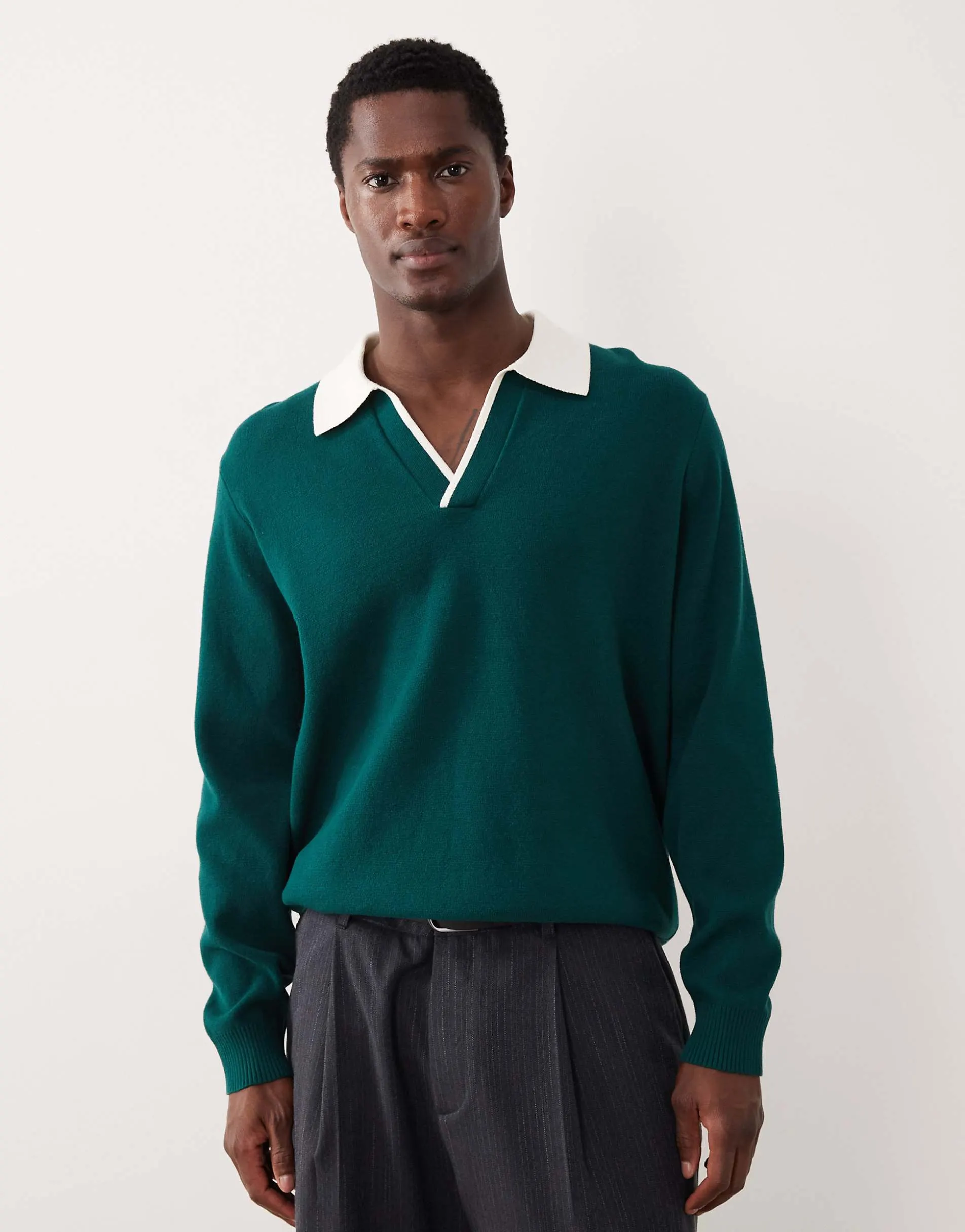 ASOS DESIGN relaxed knitted long sleeve notch neck polo in green