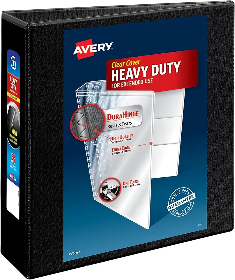 Avery Heavy-Duty View 3 Ring Binder, 3 Inch One Touch Slant Rings, 3.5" Spine, 1 Black Binder (79100)