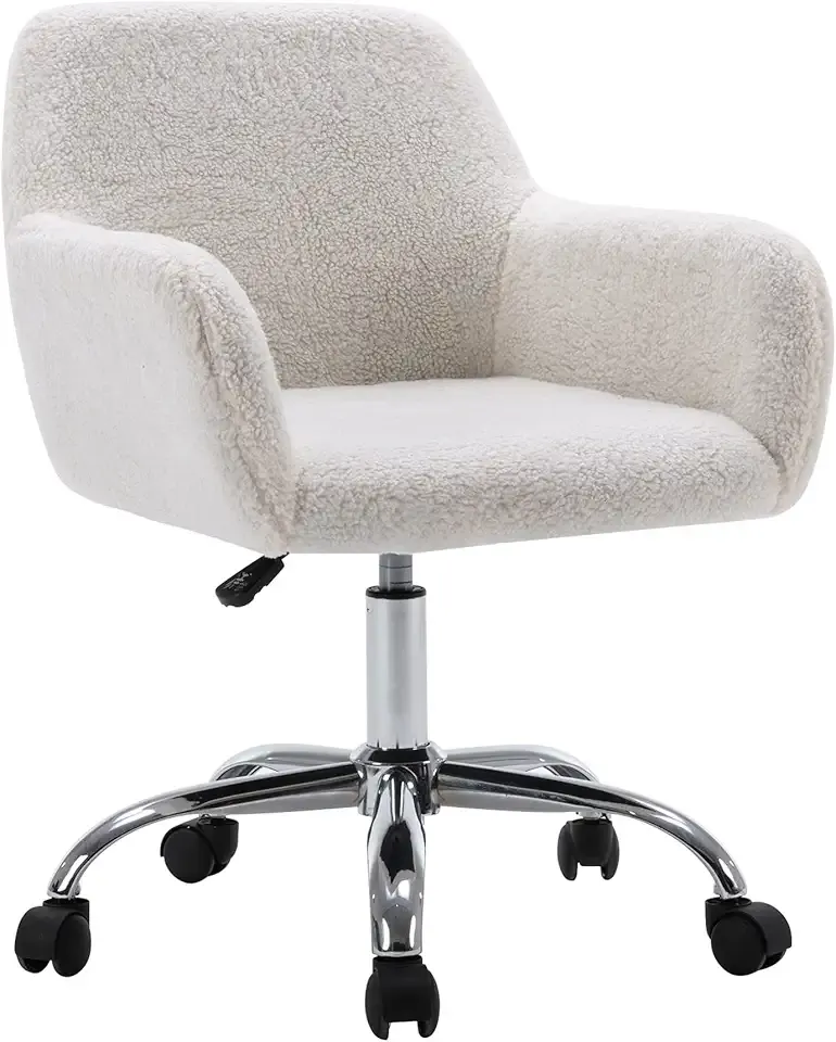 KCC Faux Fur Vanity Makeup Desk Chair, Comfy Fluffy Swivel Modern Leisure Armchair with Wheels, Upholstered Fuzzy Height Adjustable for Teens Women Girls Elegant Home Office