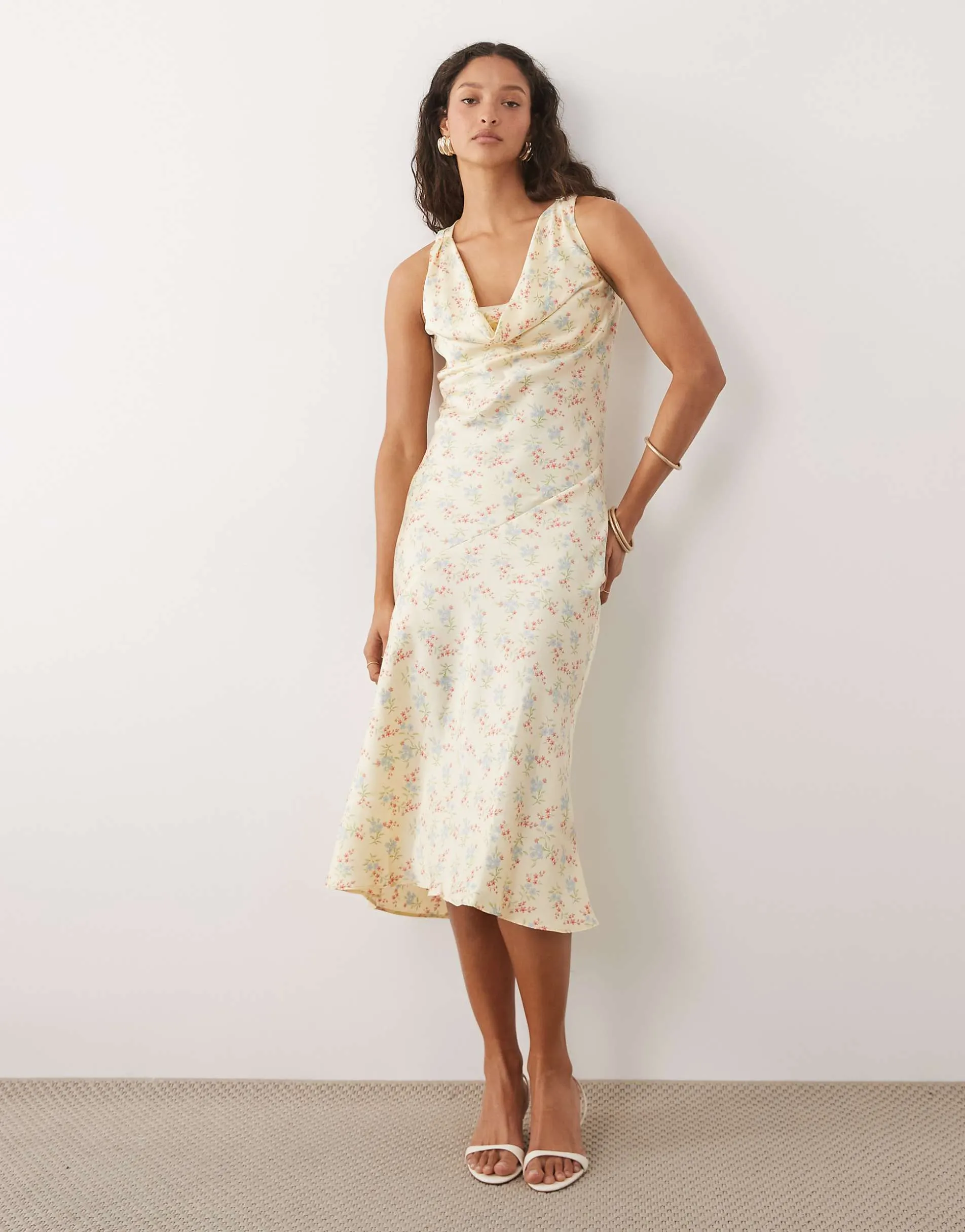 New Look ditsy cowl neck satin midi dress in yellow