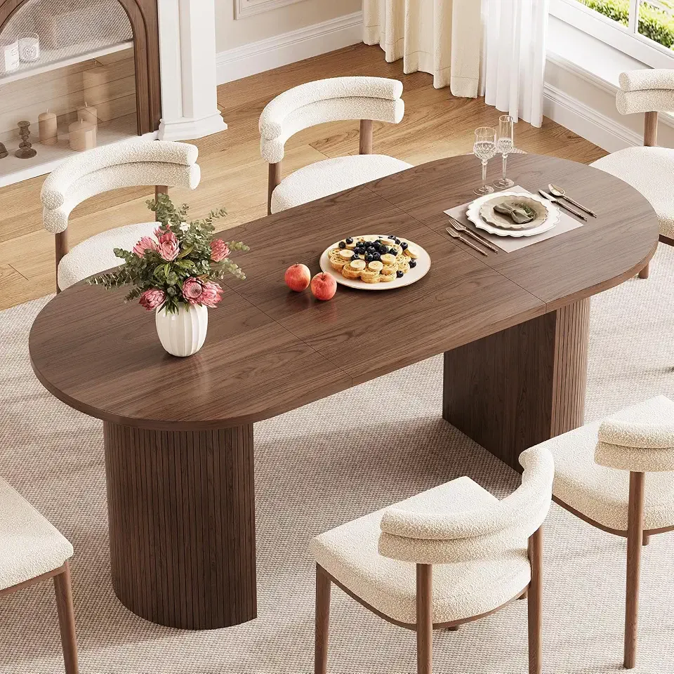 70.8" Oval Dining Table for 4-6 with Curved Base, Walnut