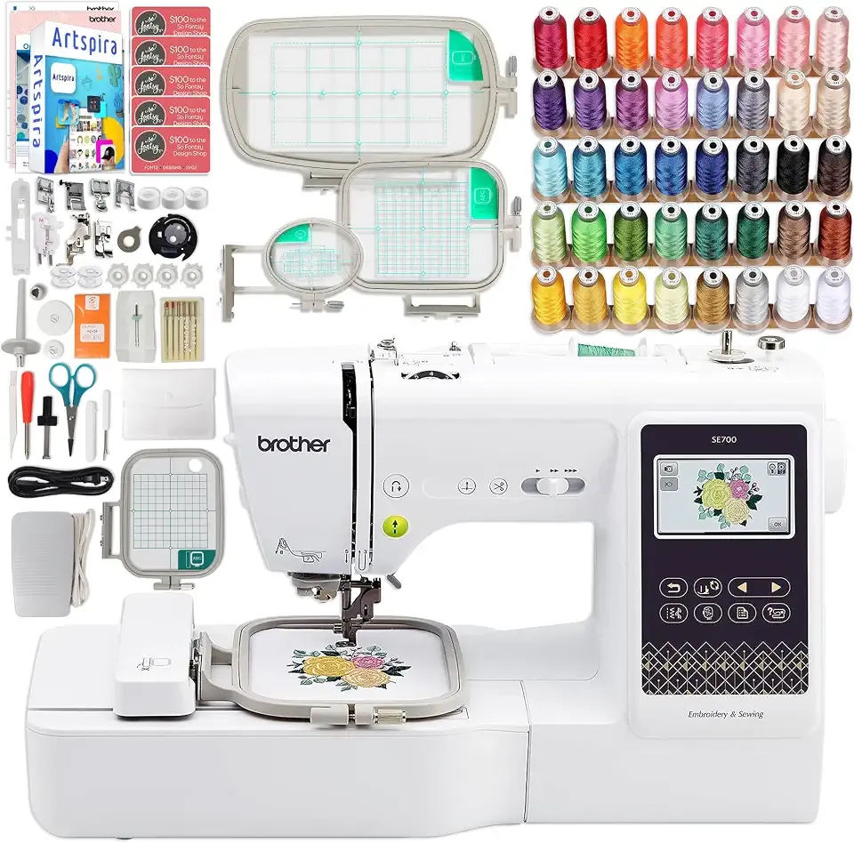 Brother SE700 Combo Embroidery & Sewing Machine with 4 Embroidery Hoops, Embroidery Thread Set & Accessories