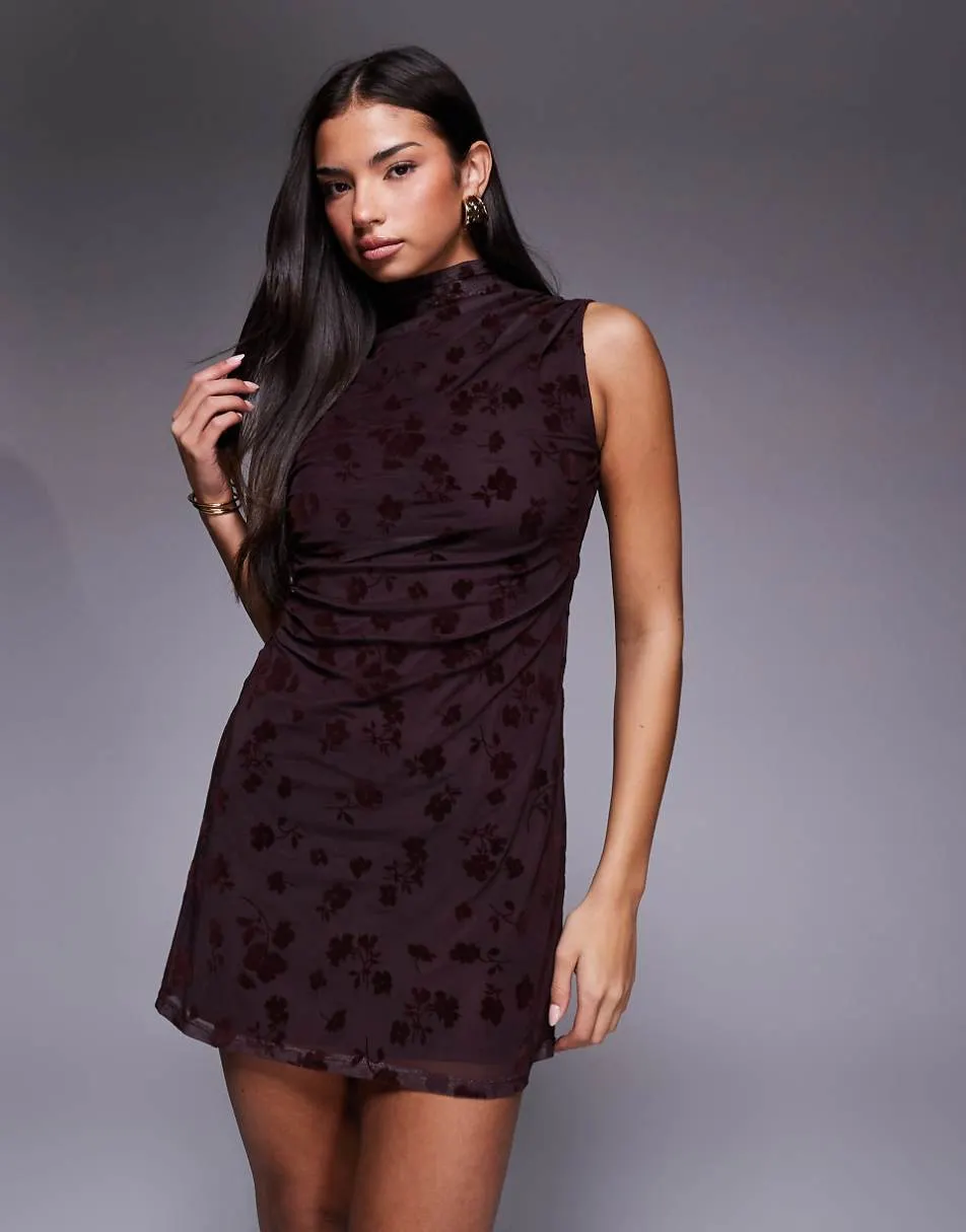 ASOS DESIGN flocked floral sleeveless ruched side mini dress with grown on neck in brown