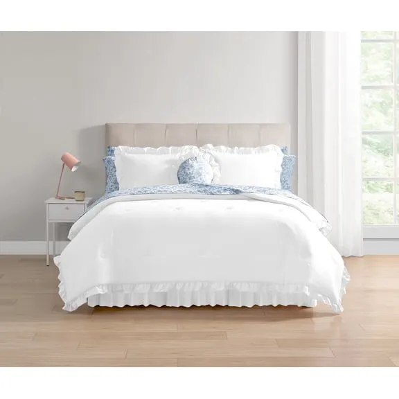 Mainstays All in One Reversible Comforter and Sheet Set- 11 Piece, Full, White and Blue Ruffle