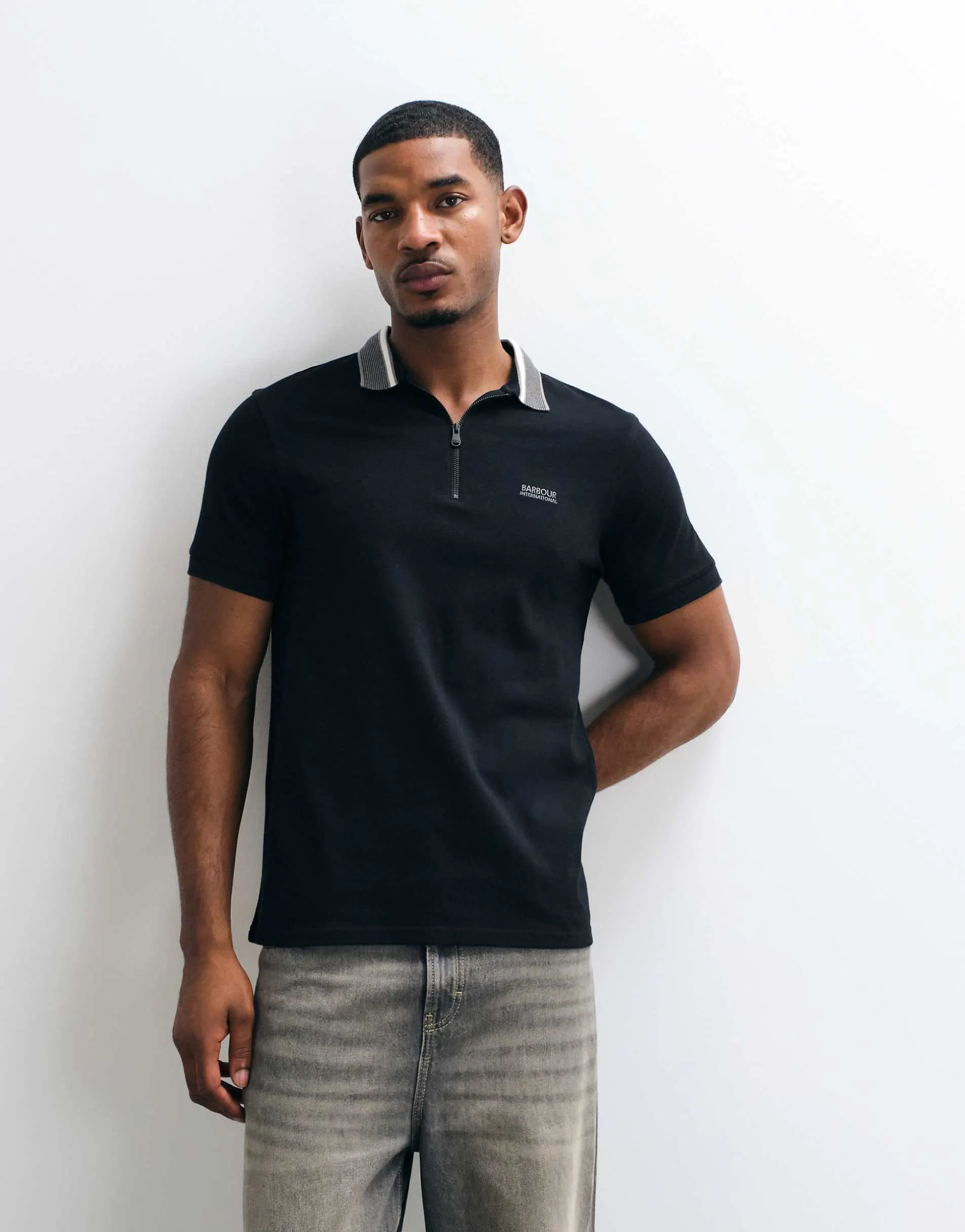 Barbour International Newport short sleeve contrast collar polo shirt in black