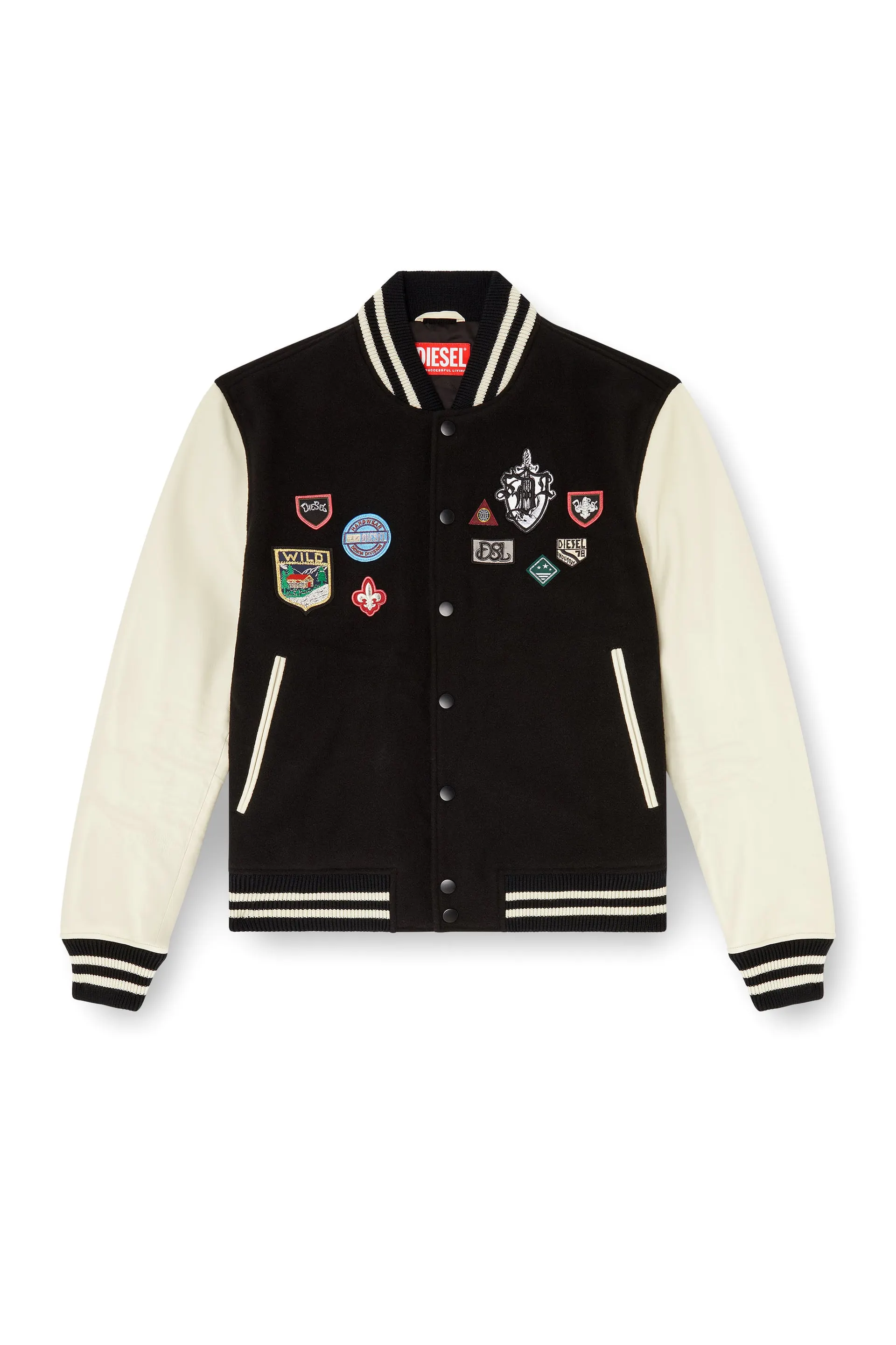 Wool and leather bomber jacket with patches