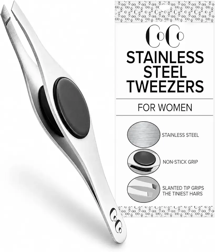 Slant Tip Tweezers for Eyebrows & Facial Hair, Ingrown Hair Removal | Eyebrow Tweezers, Tweezers for Women Facial Hair, Tweezers for Men, Stainless Steel, Non-Slip Grip, Travel Pouch