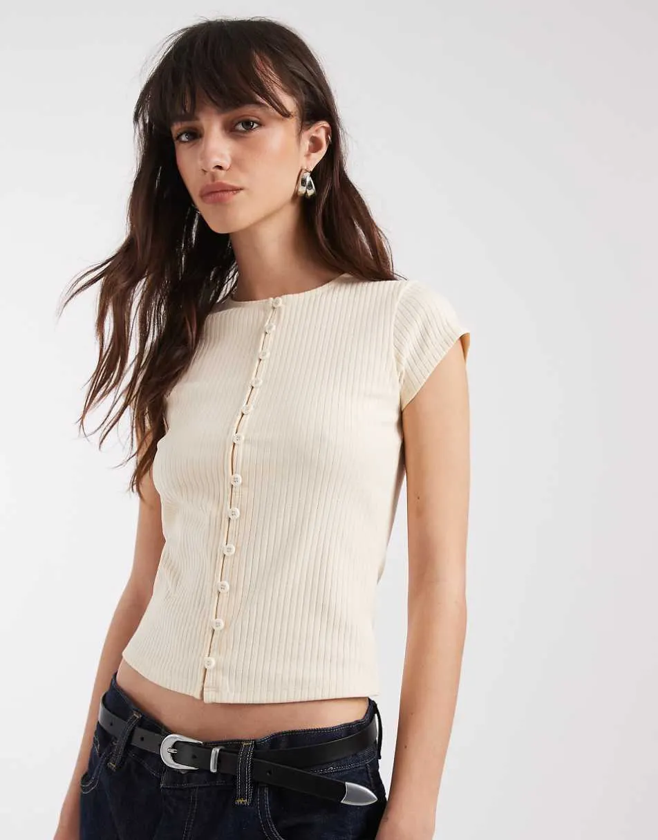 ASOS DESIGN compact rib button through short sleeve cardigan in cream