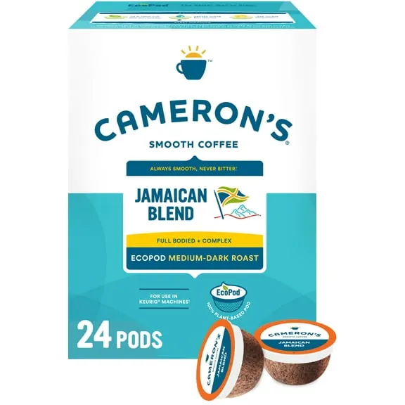 Cameron's Coffee Jamaican Blend Medium-Dark Roast Compostable Coffee Pods Single Serve K Cups for Keurig, Full & Complex, 24 count Ecopods Box