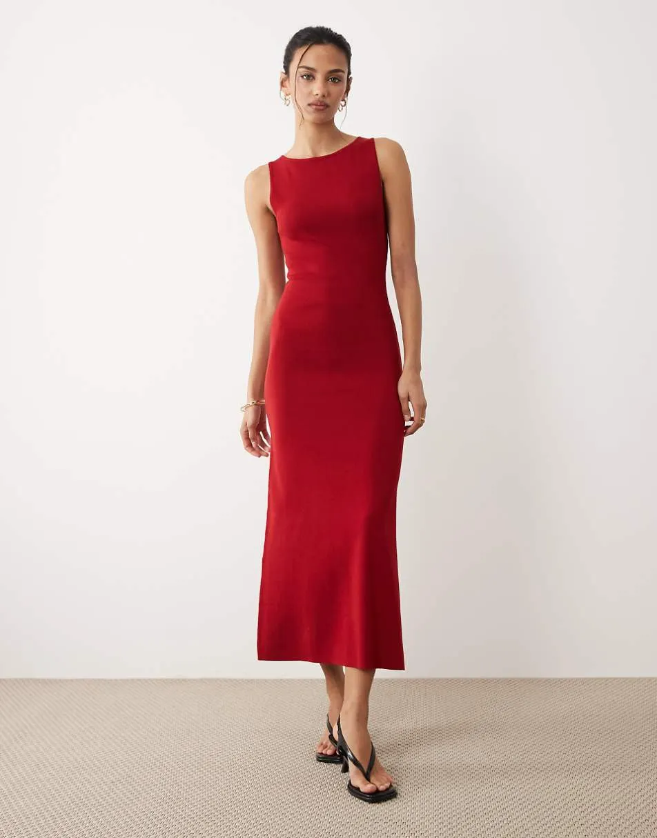 Mango boat neck sleeveless midi dress in red