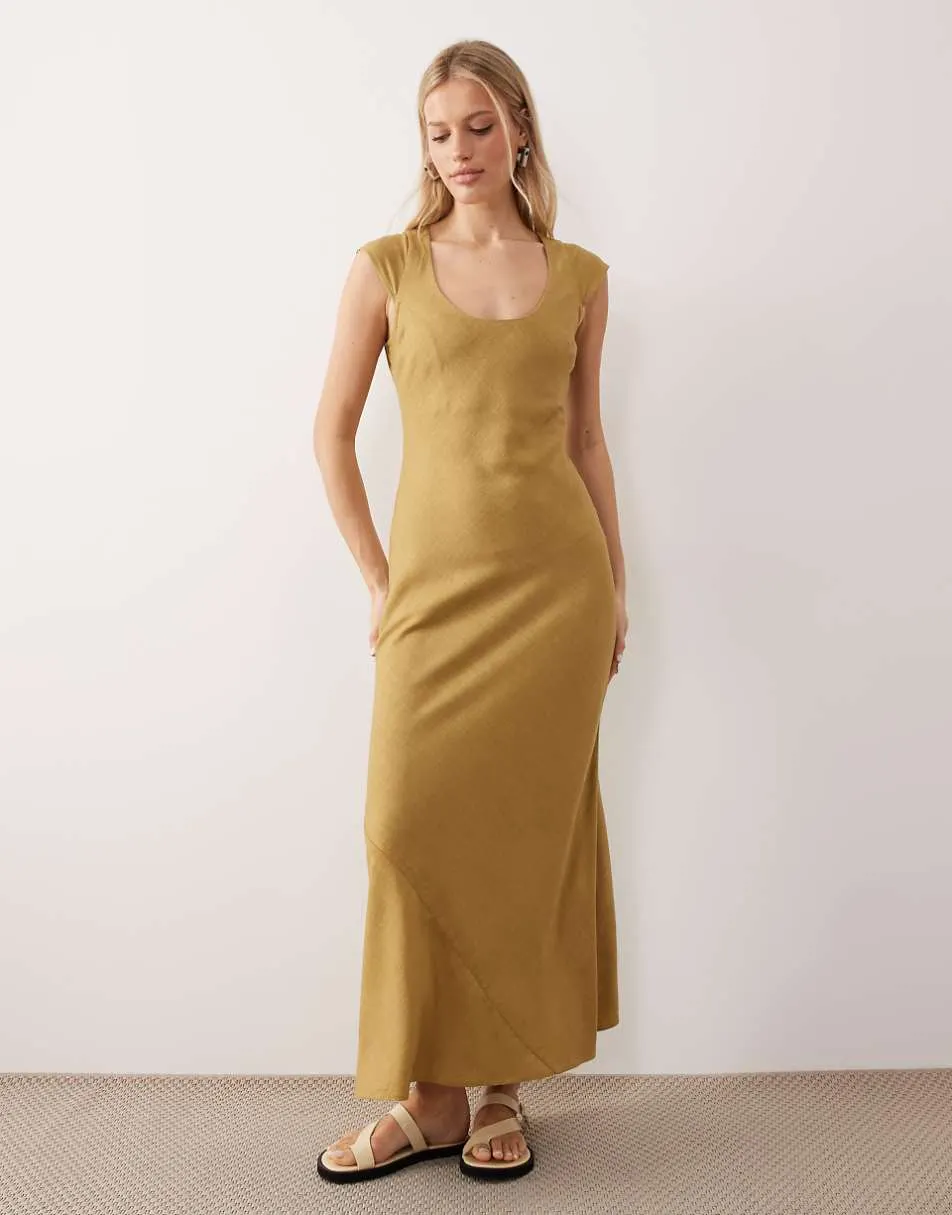 ASOS DESIGN scoop neck bias dress maxi in olive green