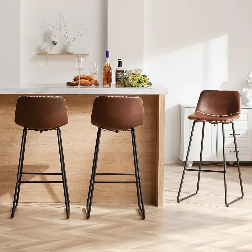 HeuGah 30 Inch Bar Stools Set of 3, Brown Counter Height Barstools with Back Support Faux Leather High Bar Stools for Kitchen Island Counter Height Chairs with Metal Legs