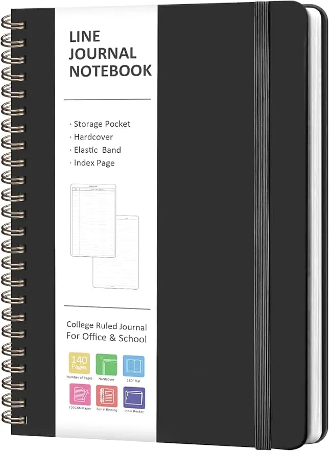 VALOME Journaling Notebooks, A5 Lined Spiral Notebook for Women & Men, 146 Pages College Ruled Hardcover Note Book for Work, Note Taking, Journaling, School, Writing (BLACK)