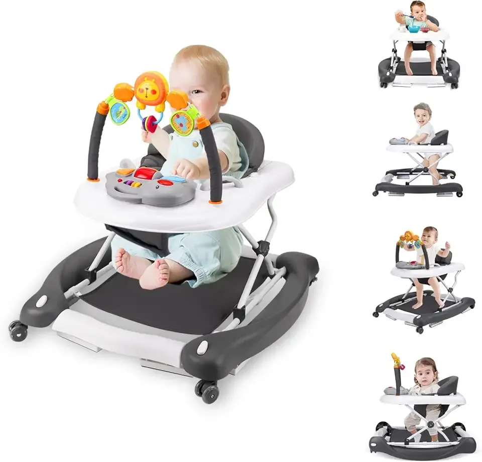 Baby Walker, 5-in-1 Baby Walkers for Boys and Girls 6-12 Months with Bouncer, Removable Footrest, Feeding Tray & Music, Foldable & Adjustable Activity Walker for 6-18 Months Toddler Infant