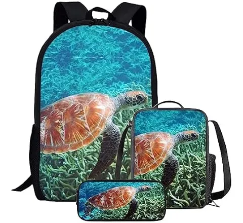 Parprinty Kids Novelty Animal Backpack and Lunch Box for Boys Girls Student Lightweight 17 Inch School Sea Turtle Backpack with Lunch Bag Pencil Case Kids Comfy Padded Black Large Bookbag