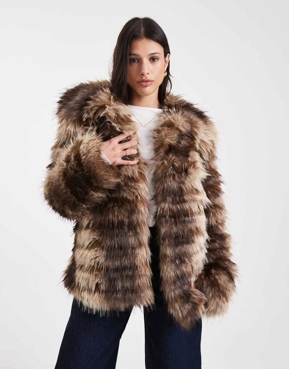 ASOS DESIGN Tall patched stripe short faux fur jacket in brown