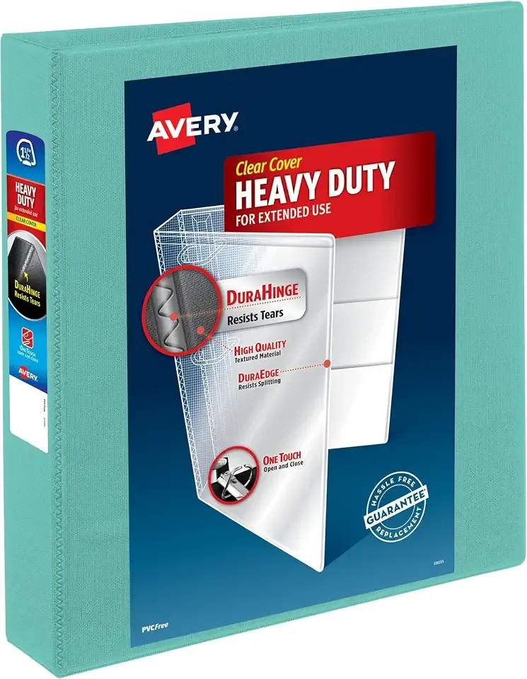 Avery® Heavy-Duty View 3 Ring Binder, 1.5" Slant Rings, 1 Mint Binder | For Heavy School, Home and Office Use, DuraHinge Tear-Resistant Spine, DuraEdge Split-Resistant Edges, Clear Overlays