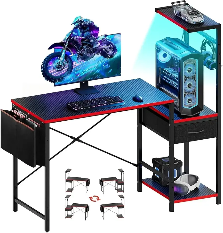 Bestier Gaming Desk with Drawer, 44 Inch Small Computer Desk with PC Shelf, Gaming Table with LED Lights for Small Spaces, Reversible Gamer Desk with Storage Bag & Side Hook, Black-RED