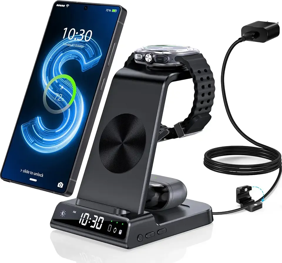 Wireless Charger for Samsung S25 with Clock 3 in 1 Android Charging Station