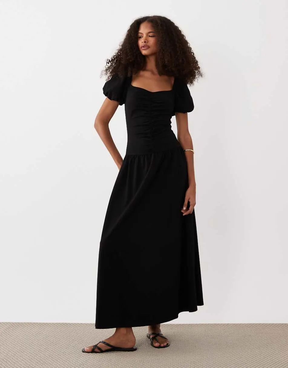 ASOS DESIGN ruched front midi tea dress in black