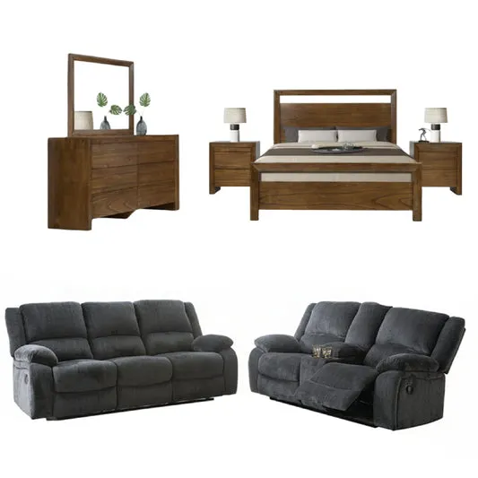 Bundle: Magic Queen Bedroom Set - Brown + Lawrence Motion Sofa and Love Seat by Best Home - Black