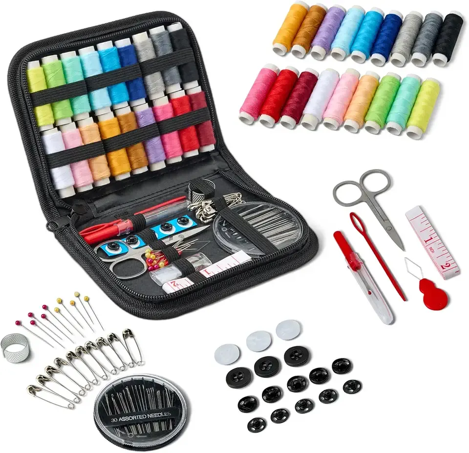 Amazon Basics Portable Travel Sewing Kit for Adults, Includes Threads, Needles, Scissors, Buttons, thimbles, Measuring Tape, Threader, Seam Ripper and Safety pin, Black