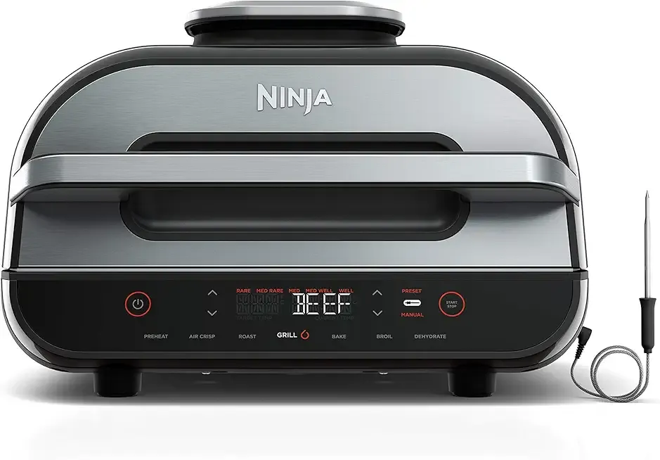 Ninja | Indoor Grill and Air Fryer| Foodi Smart XL | 6-in-1 Grill, Air Fry, Roast, Bake, Broil, Dehydrate & Crisp |Smart Thermometer & Splatter Shield | Dishwasher Safe Parts | Black/Silver | FG551