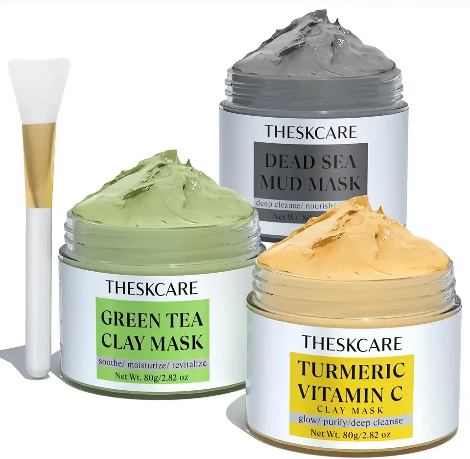 THESKCARE 3 PCS Clay Mask Set, Turmeric Vitamin C Clay Mask, Dead Sea Mud Mask, Green Tea Mask, Facial Mask for Oil Control, Deep Cleaning, and Radiant Skin, 240g, 2.82 OZ each