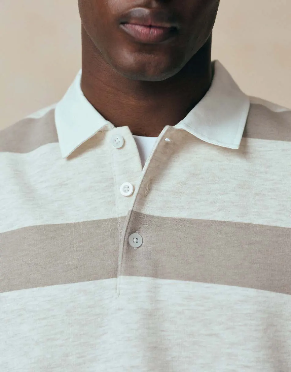 ASOS DESIGN relaxed rugby polo sweatshirt in oatmeal marl stripe