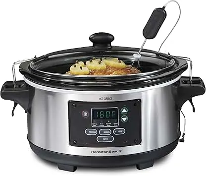 Hamilton Beach Portable 6 Quart Set & Forget Digital Programmable Slow Cooker with Lid Lock, Temperature Probe, Dishwasher Safe Crock & Lid, Stainless Steel (33969A) Hamilton Beach Portable 6 Quart Set & Forget Digital Pro…