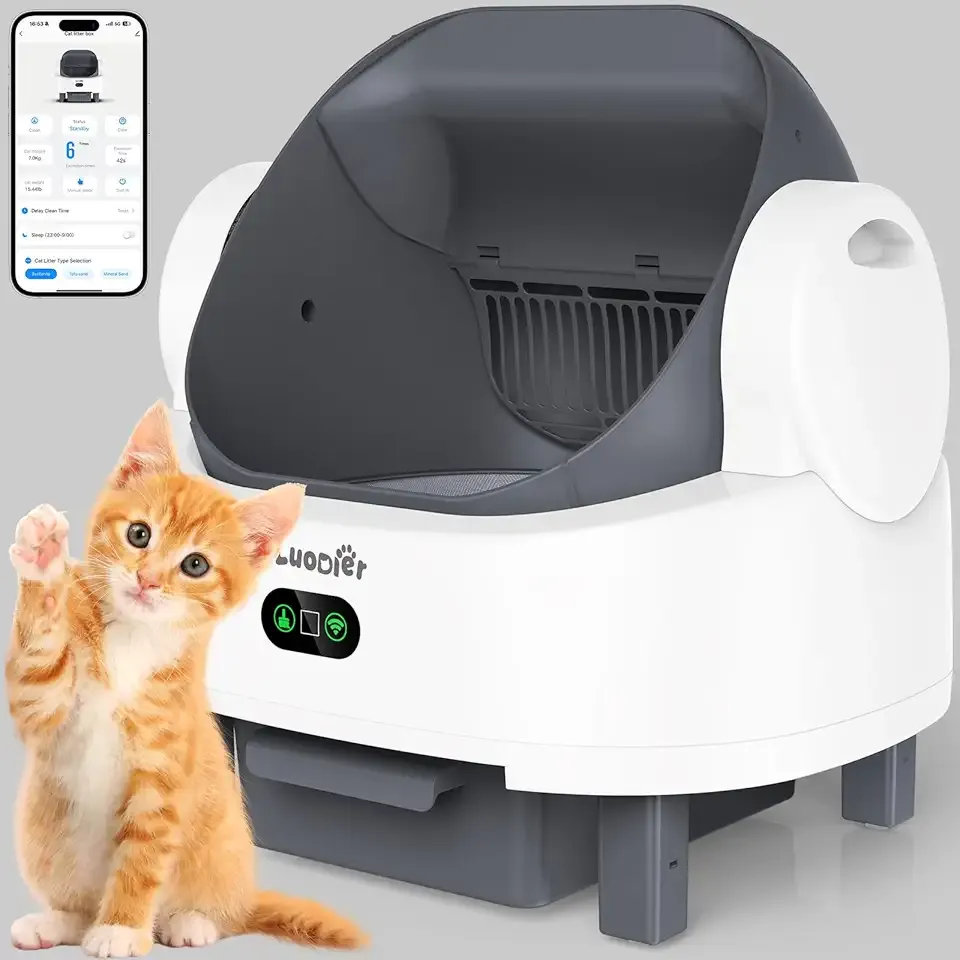 Self Cleaning Cat Litter Box, Open-Top Large Automatic Litter Box for Multiple Cats with Safety Sensors, Includes Liner Bags and Litter Mat White