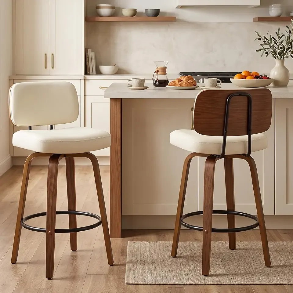 Counter Height Bar Stools Set of 2, 26+inch Swivel Faux Leather Barstool with Back, Upholstered Mid-Century Modern Bar Chairs with Bent Wood Legs for Kitchen Counter, Dining Room, Cream White