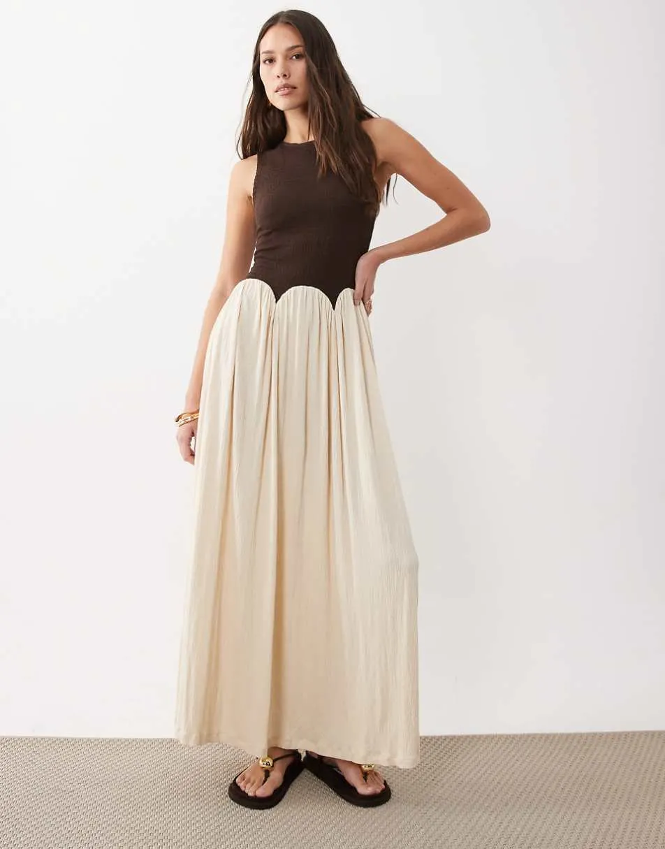 ASOS DESIGN colour block crinkle midi dress in chocolate & cream