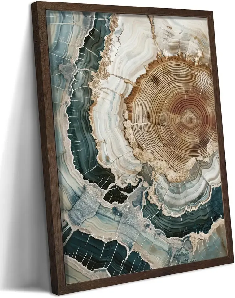 Abstract Nature Framed Wall Art, Modern Boho Tree Ring Canvas Prints for Living Room Decor, Rustic Wood Slice Painting in Wood Frame, Colorful Agate Picture for Bedroom Office 8x10 inch