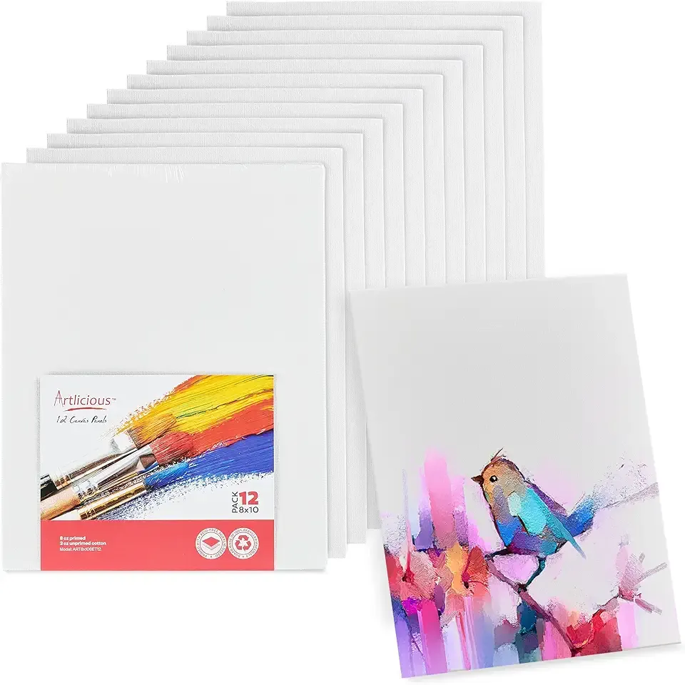 Artlicious Canvases for Painting 12 Packs - 8 x 10” Blank Canvas 100% Cotton Painting Canvas Panels for Acrylic, Oil & Watercolor Paint for Canvas Painting