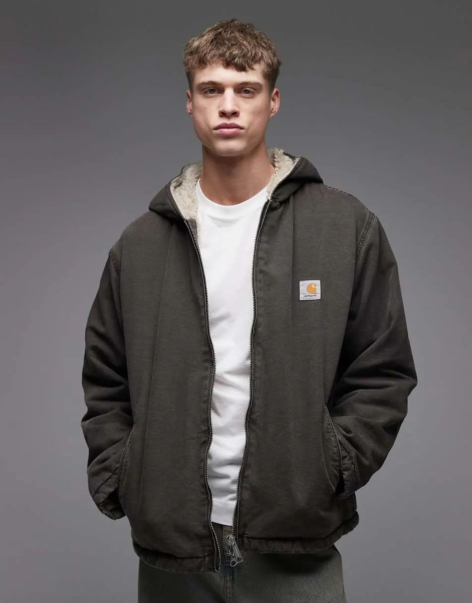 Carhartt WIP mitch oversized hooded jacket in dark brown with shearling lining