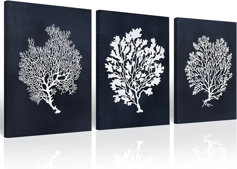 llribbons 3PCS Navy Blue & White Coral Canvas Wall Art - Minimalist Coastal Seaweed Print Nautical Beach Decor Ready to Hang for Living Room Bathroom Bedroom Coastal Home Decoration 12" x 16"x 3