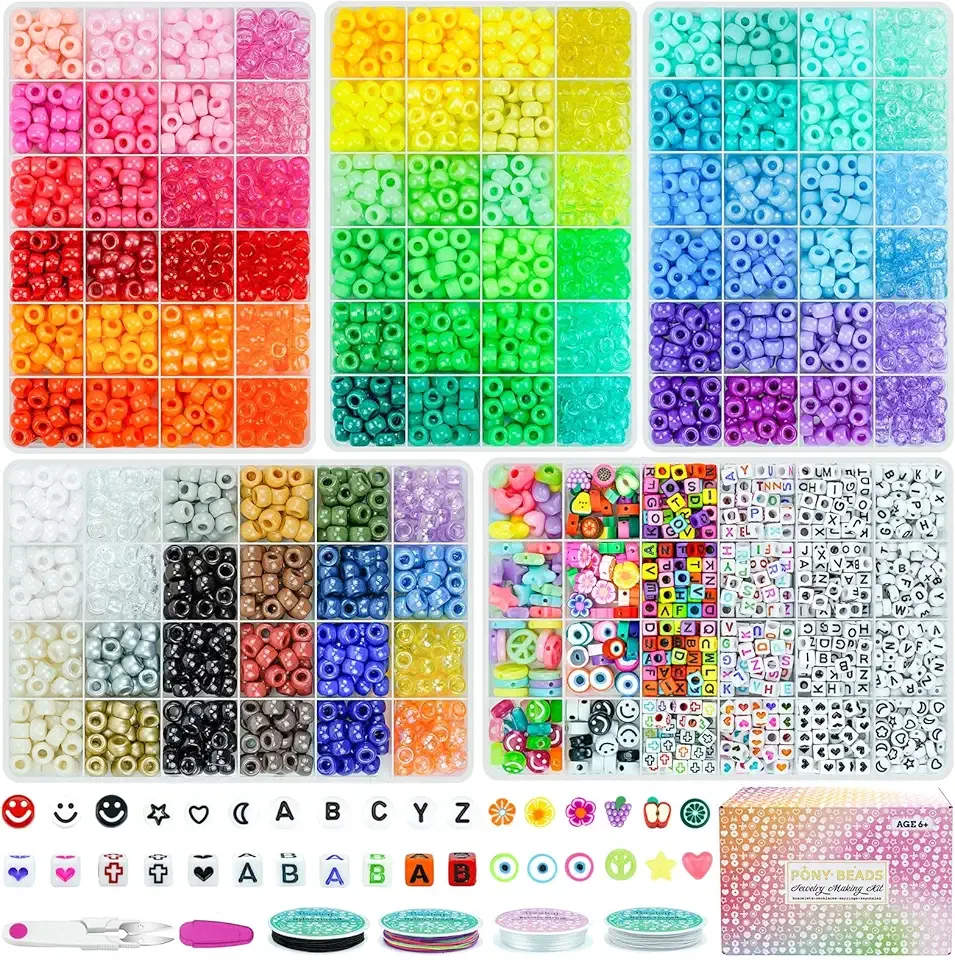 5 Boxes Bracelet Making Kit Pony Beads, 96 Colors 6x9mm 3500Pcs Kandi Rave Beads for Bracelets Friendship Plastic Bead with 800Pcs Letter Bead Arts and Crafts for Kids Adults Keychain Jewelry Making