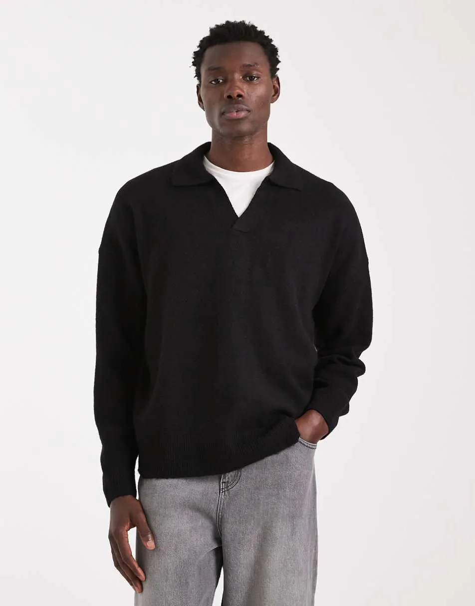 ASOS DESIGN oversized brushed knitted notch neck jumper in black