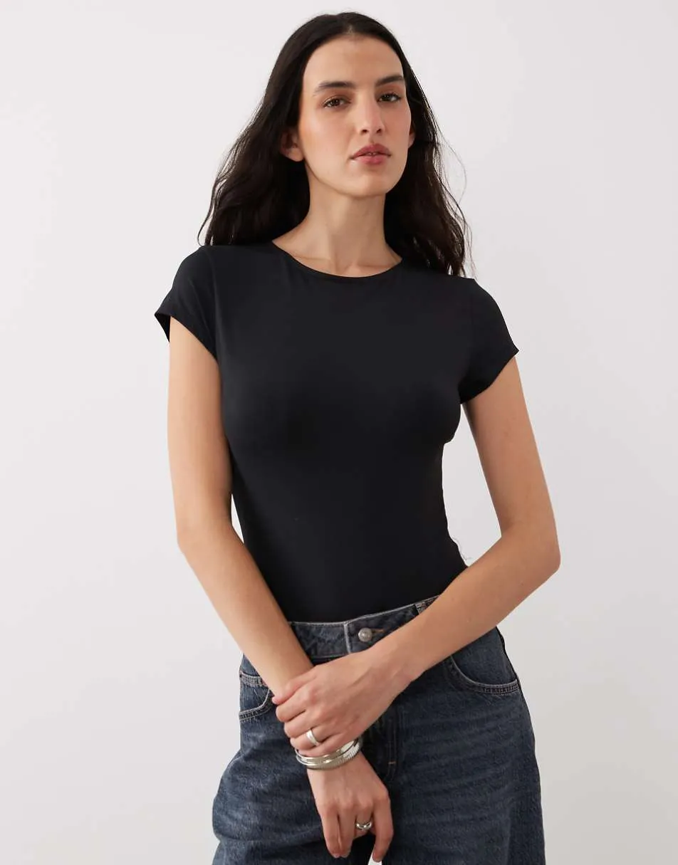 ASOS DESIGN polyamide slinky short sleeve bodysuit in black