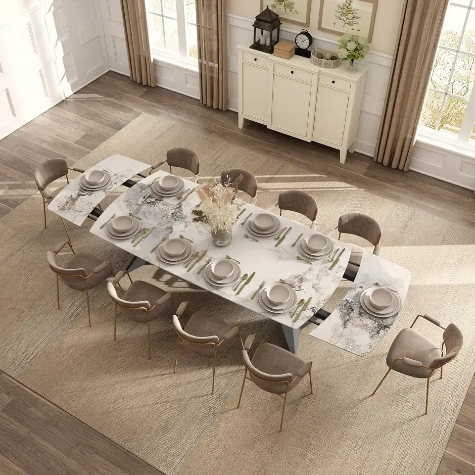 Extendable Dining Table with Leaf, 78"-110" Rectangular Sintered Stone, Marble-Look Top, Seats 6-14, Metal Base, Easy-Clean, Heat & Scratch Resistant, Dining Room/Kitchen Table for Family Gatherings