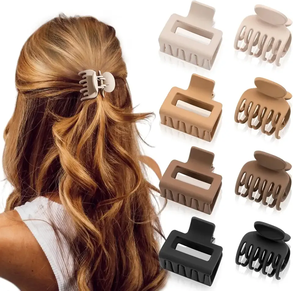 Matte Hair Clips for Women and Girls - Rectangle and Double Row Small Claw Clips for Thin/Medium Fine Hair - Nonslip Jaw Clips (Beige, Khaki, Brown, Black)