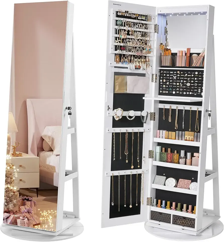 SONGMICS 6 LEDs Lockable Mirror Jewelry Cabinet, 360° Swivel Jewelry Organizer Armoire Standing, Frameless Full-Length Mirror, 3 Storage Shelves, Christmas Gifts, White Surface Black Lining UJJC007W01