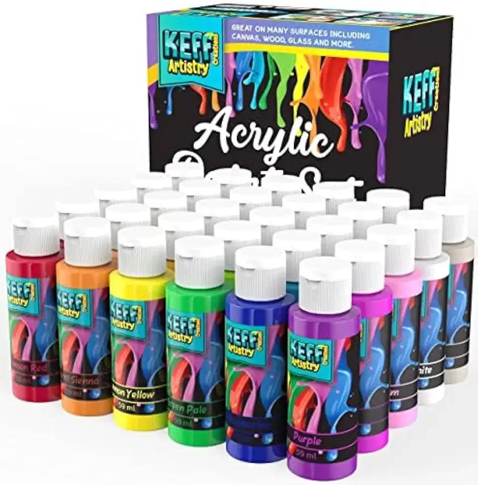 KEFF Acrylic Paint Set - 30 Colors (2oz/59ml) Acrylic Painting Supplies for Canvas, Rock, Ceramic, Wood - Rich Pigment Non Toxic Paint for Kids and Adults - Indoor and Outdoor Paint Kit