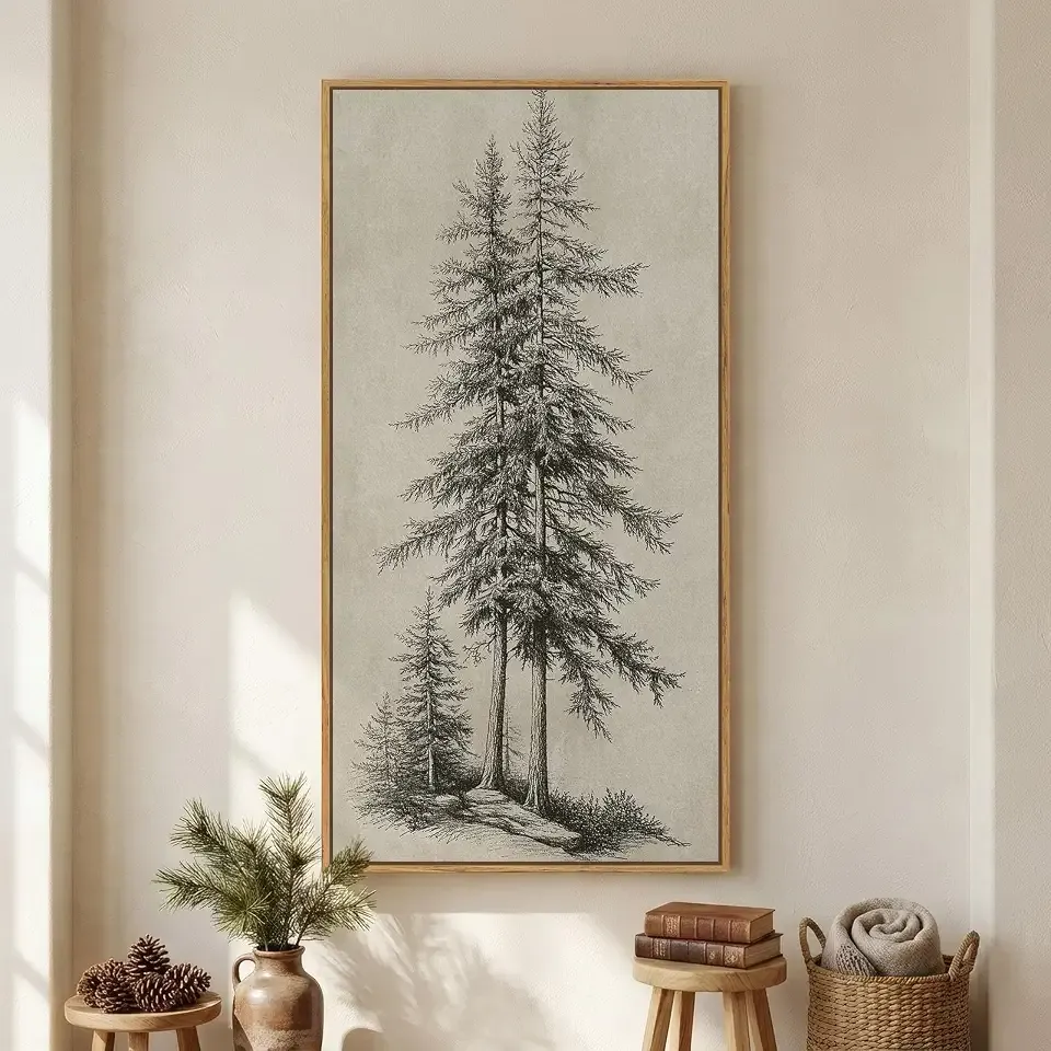 Large Framed Vertical Vintage Pine Tree Wall Art for Living Room, Neutral Sketch Rustic Classic Beige Canvas Artwork for Walls, Nordic Forest Farmhouse Wall Decor for Bedroom Hallway Office, 30x60 In