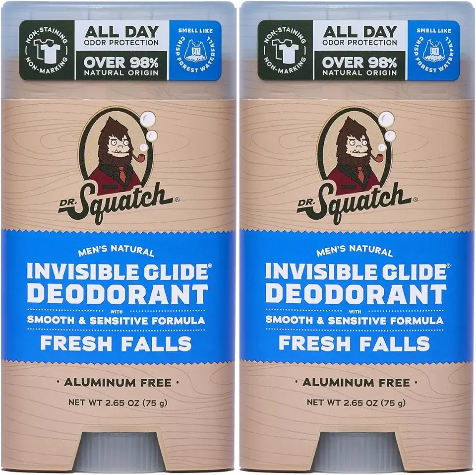 Dr. Squatch Invisible Glide Natural Men’s Deodorant – Smooth Glide, No Stains – Aluminum Free Deodorant Men – Safe for Sensitive Skin – Fresh Falls, 2.65oz (2-Pack)